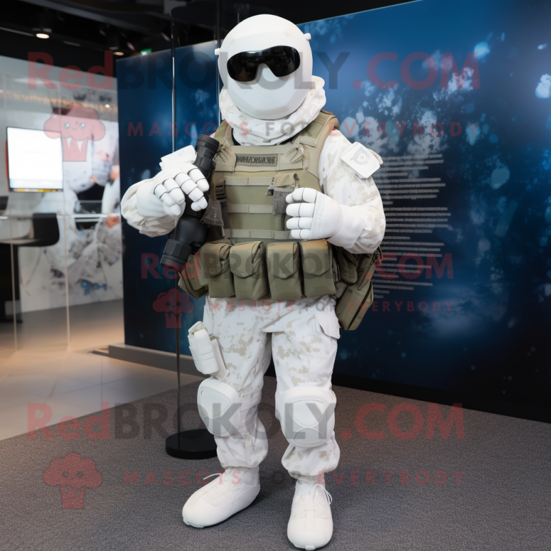 White Para Commando mascot costume character dressed with a Romper and Clutch bags