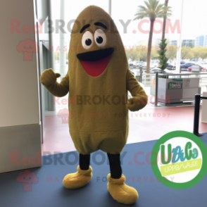 Olive Jambalaya mascot costume character dressed with a Coat and Shoe laces