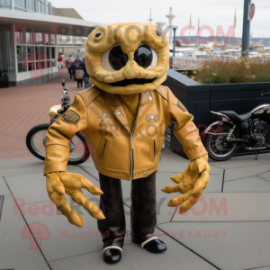Gold Crab Cakes mascot costume character dressed with a Moto Jacket and Pocket squares