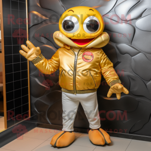 Gold Crab Cakes mascot costume character dressed with a Moto Jacket and Pocket squares