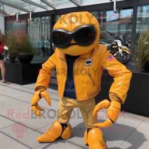 Gold Crab Cakes mascot costume character dressed with a Moto Jacket and Pocket squares
