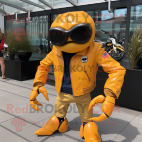 Gold Crab Cakes mascot costume character dressed with a Moto Jacket and Pocket squares