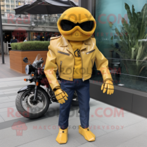 Gold Crab Cakes mascot costume character dressed with a Moto Jacket and Pocket squares