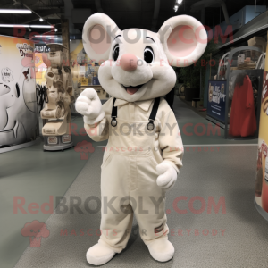 Cream Mouse mascot costume character dressed with a Overalls and Shoe laces