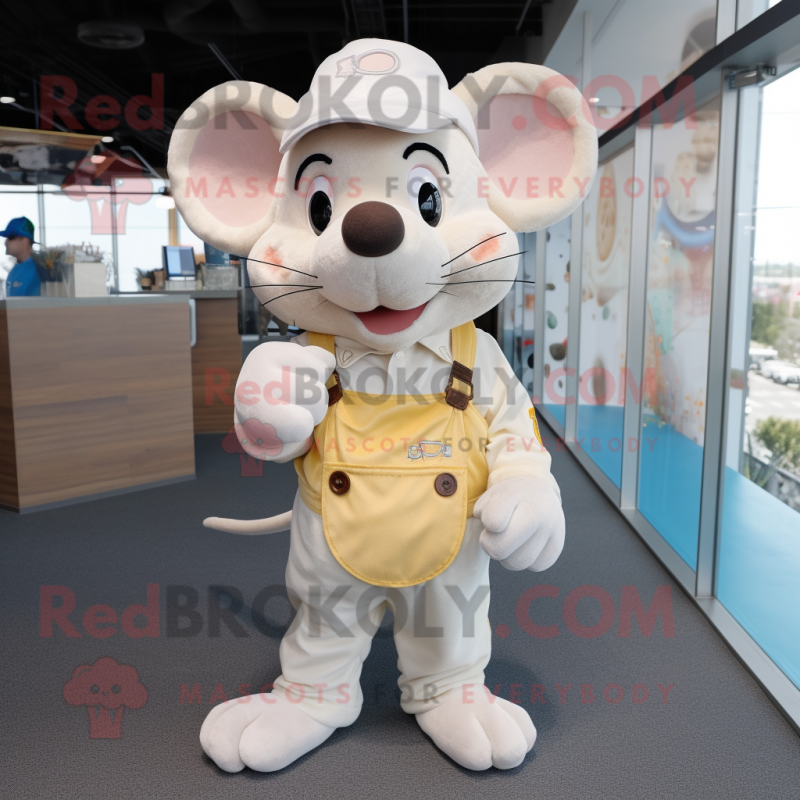 Cream Mouse mascot costume character dressed with a Overalls and Shoe laces