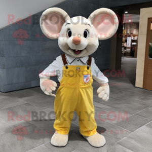 Cream Mouse mascot costume character dressed with a Overalls and Shoe laces
