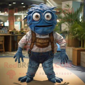 nan Trilobite mascot costume character dressed with a Boyfriend Jeans and Suspenders