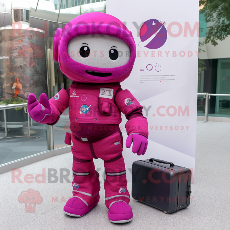 Magenta Astronaut mascot costume character dressed with a Sheath Dress and Wallets