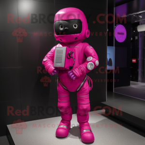 Magenta Astronaut mascot costume character dressed with a Sheath Dress and Wallets