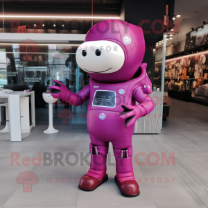 Magenta Astronaut mascot costume character dressed with a Sheath Dress and Wallets