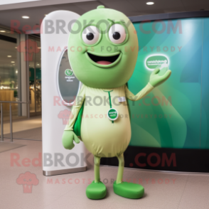 Tan Green Bean mascot costume character dressed with a A-Line Dress and Smartwatches