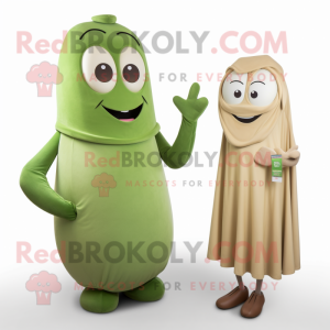 Tan Green Bean mascot costume character dressed with a A-Line Dress and Smartwatches
