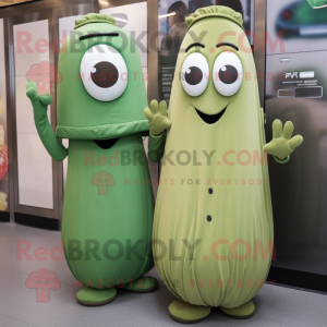 Tan Green Bean mascot costume character dressed with a A-Line Dress and Smartwatches