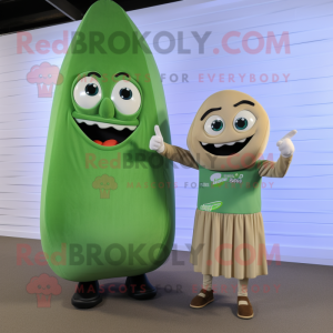 Tan Green Bean mascot costume character dressed with a A-Line Dress and Smartwatches