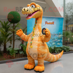 Peach Brachiosaurus mascot costume character dressed with a Raincoat and Bracelets