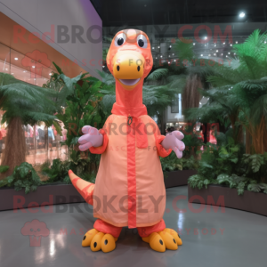 Peach Brachiosaurus mascot costume character dressed with a Raincoat and Bracelets