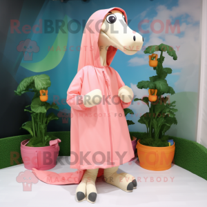 Peach Brachiosaurus mascot costume character dressed with a Raincoat and Bracelets