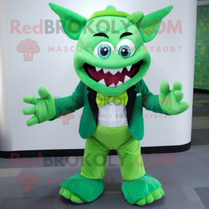 Green Devil mascot costume character dressed with a Tank Top and Bow ties