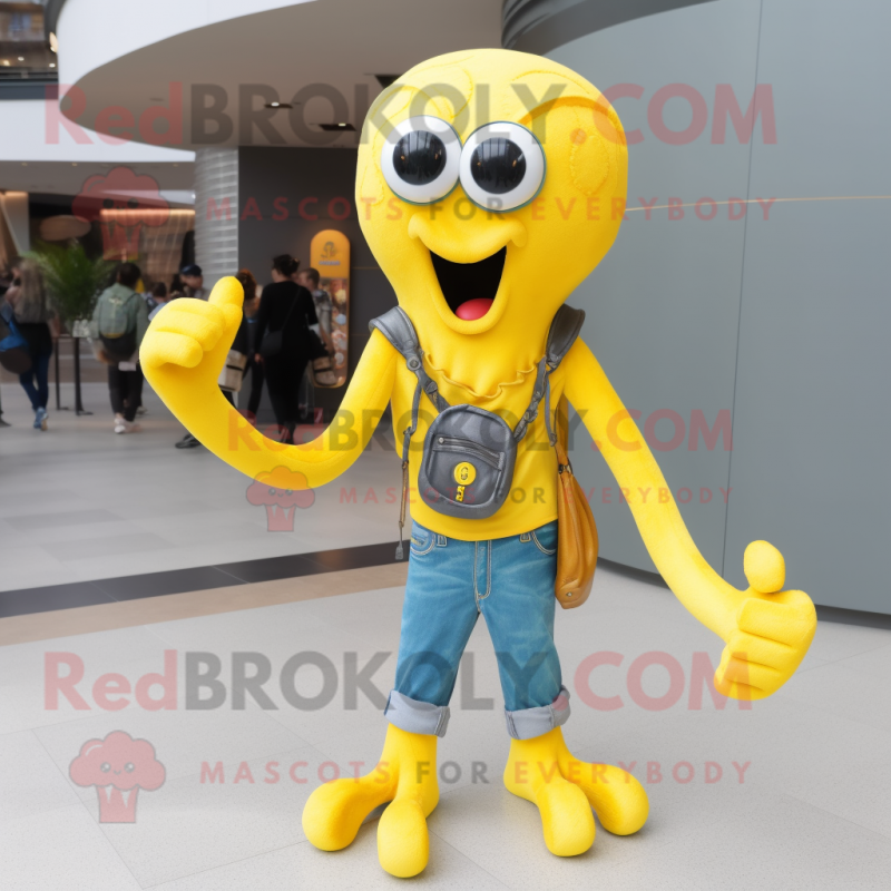 Yellow Octopus mascot costume character dressed with a Jeans and Necklaces Yellow Octopus mascot costume character dressed with a Jeans and Necklaces