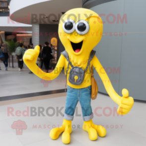 Yellow Octopus mascot costume character dressed with a Jeans and Necklaces