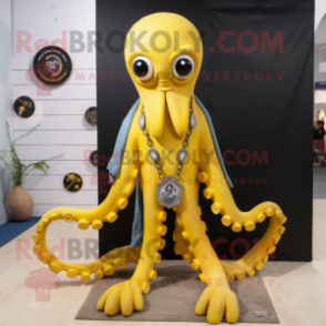 Yellow Octopus mascot costume character dressed with a Jeans and Necklaces