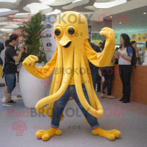 Yellow Octopus mascot costume character dressed with a Jeans and Necklaces