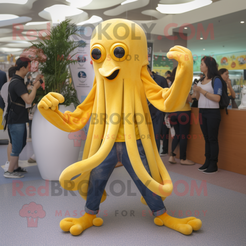 Yellow Octopus mascot costume character dressed with a Jeans and Necklaces Yellow Octopus mascot costume character dressed with a Jeans and Necklaces