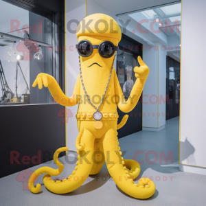 Yellow Octopus mascot costume character dressed with a Jeans and Necklaces