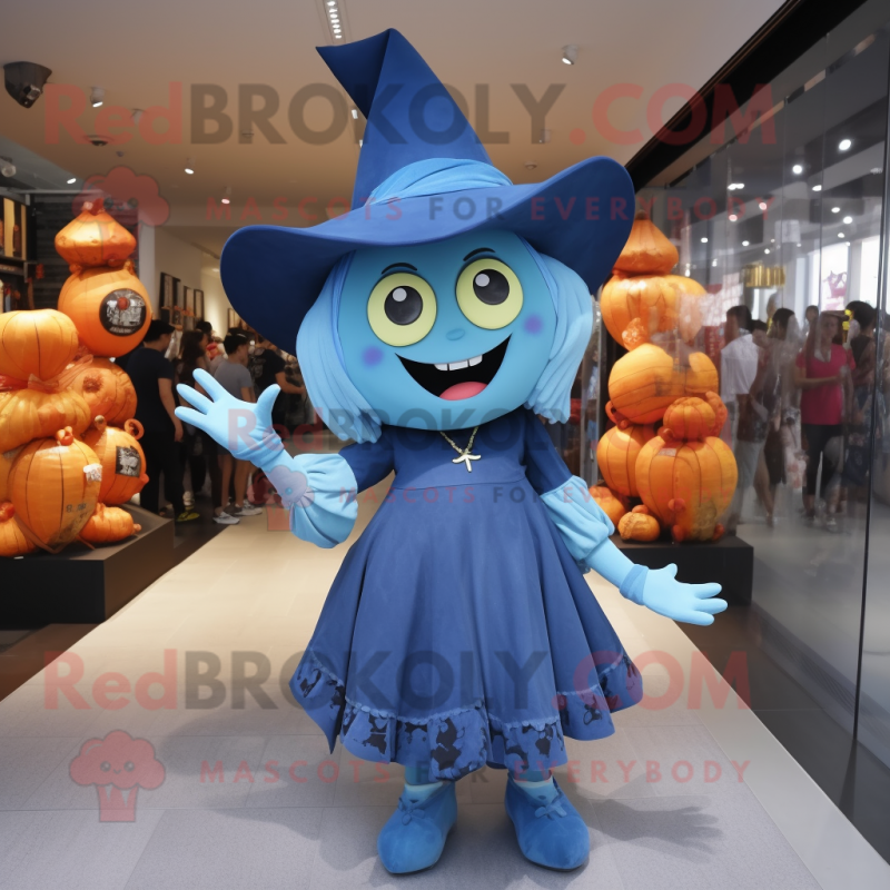 Cyan Witch mascot costume character dressed with a Denim Shorts and Cummerbunds