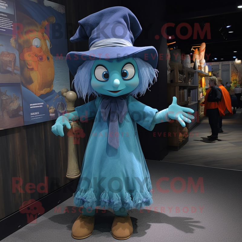 Cyan Witch mascot costume character dressed with a Denim Shorts and Cummerbunds