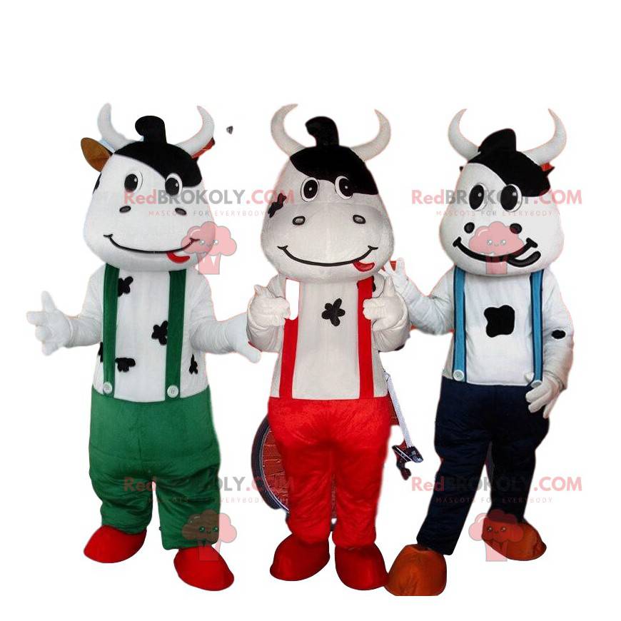 3 mascottes de vaches, costumes de vaches, mascotte de la ferme