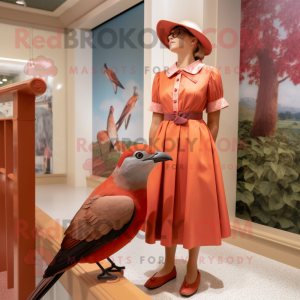 Red Passenger Pigeon mascot costume character dressed with a Shift Dress and Cummerbunds