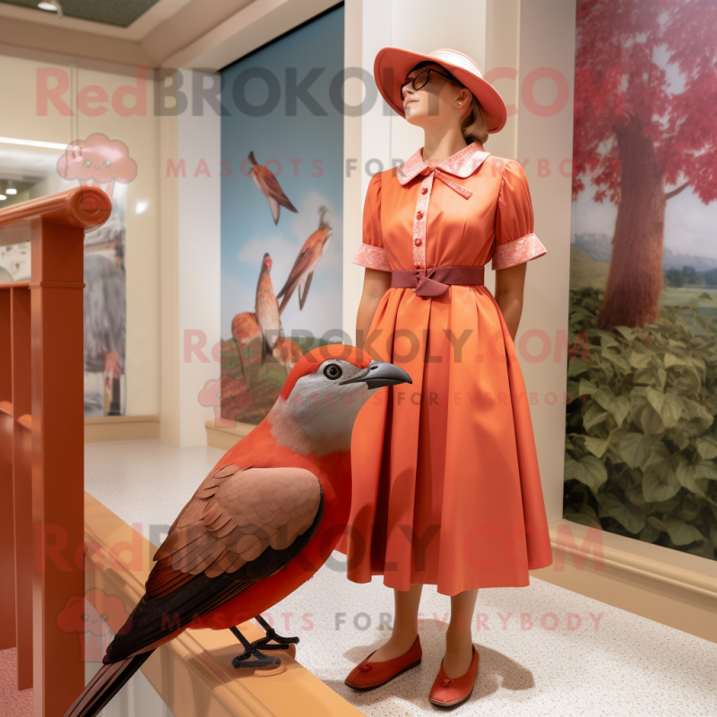 Red Passenger Pigeon mascot costume character dressed with a Shift Dress and Cummerbunds Red Passenger Pigeon mascot costume character dressed with a Shift Dress and Cummerbunds