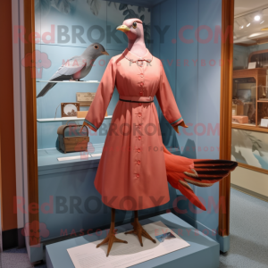 Red Passenger Pigeon mascot costume character dressed with a Shift Dress and Cummerbunds