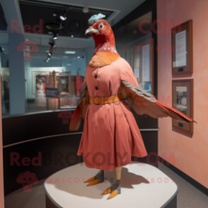 Red Passenger Pigeon mascot costume character dressed with a Shift Dress and Cummerbunds