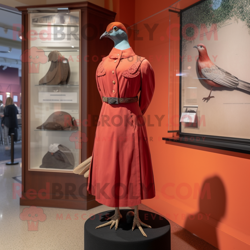 Red Passenger Pigeon mascot costume character dressed with a Shift Dress and Cummerbunds