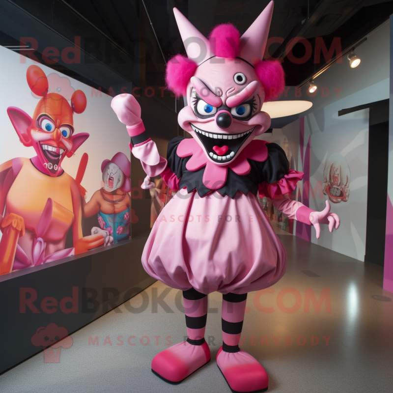 Pink Evil Clown mascot costume character dressed with a Mini Dress and Bow ties Pink Evil Clown mascot costume character dressed with a Mini Dress and Bow ties