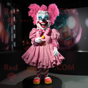 Pink Evil Clown mascot costume character dressed with a Mini Dress and Bow ties