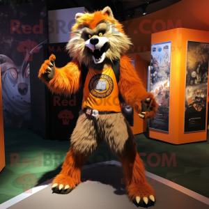 Orange Werewolf mascot costume character dressed with a Graphic Tee and Keychains