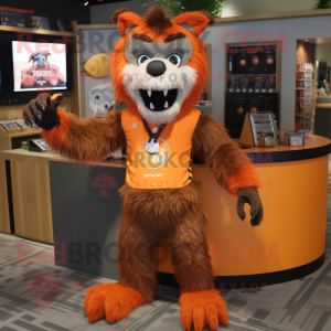 Orange Werewolf mascot costume character dressed with a Graphic Tee and Keychains