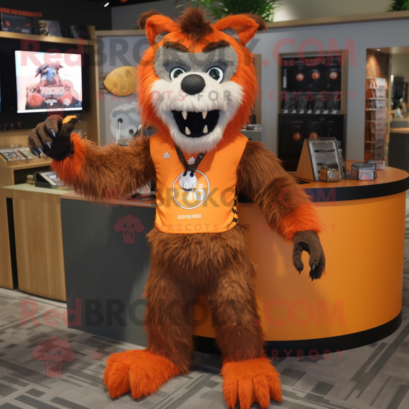 Orange Werewolf mascot costume character dressed with a Graphic Tee and Keychains Orange Werewolf mascot costume character dressed with a Graphic Tee and Keychains