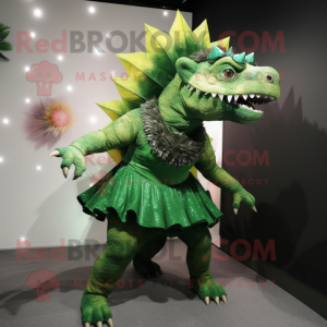 Forest Green Ankylosaurus mascot costume character dressed with a Mini Skirt and Brooches