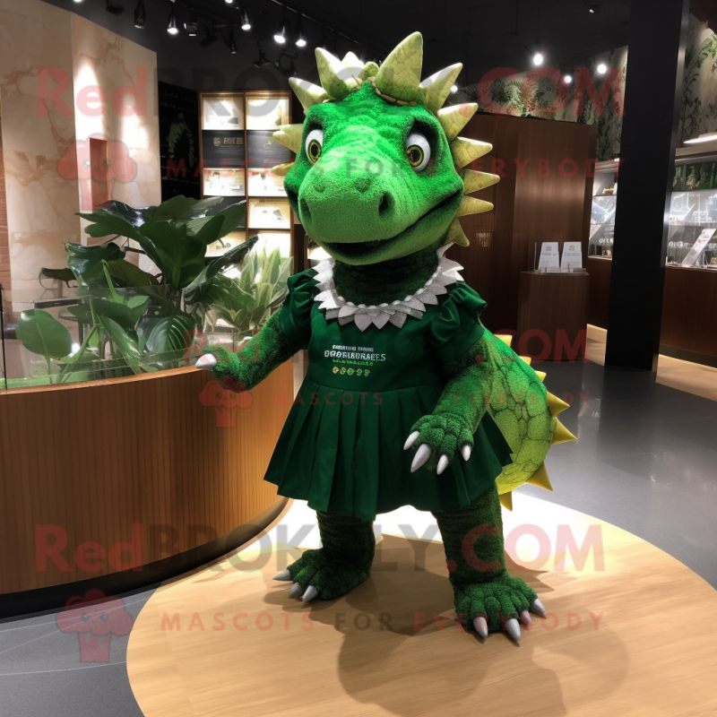 Forest Green Ankylosaurus mascot costume character dressed with a Mini Skirt and Brooches Forest Green Ankylosaurus mascot costume character dressed with a Mini Skirt and Brooches