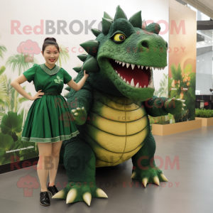 Forest Green Ankylosaurus mascot costume character dressed with a Mini Skirt and Brooches