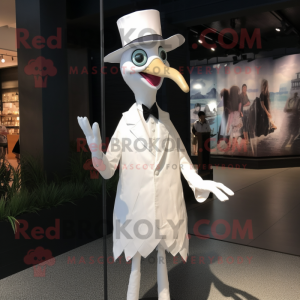 White Stilt Walker mascot costume character dressed with a Poplin Shirt and Lapel pins