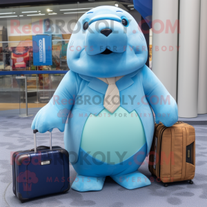 Sky Blue Walrus mascot costume character dressed with a One-Piece Swimsuit and Briefcases