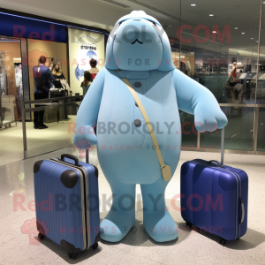 Sky Blue Walrus mascot costume character dressed with a One-Piece Swimsuit and Briefcases