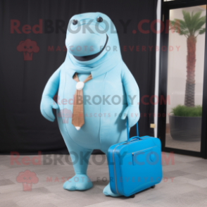 Sky Blue Walrus mascot costume character dressed with a One-Piece Swimsuit and Briefcases
