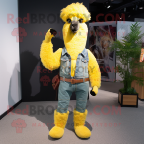 Yellow Alpaca mascot costume character dressed with a Skinny Jeans and Belts