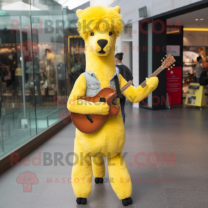 Yellow Alpaca mascot costume character dressed with a Skinny Jeans and Belts